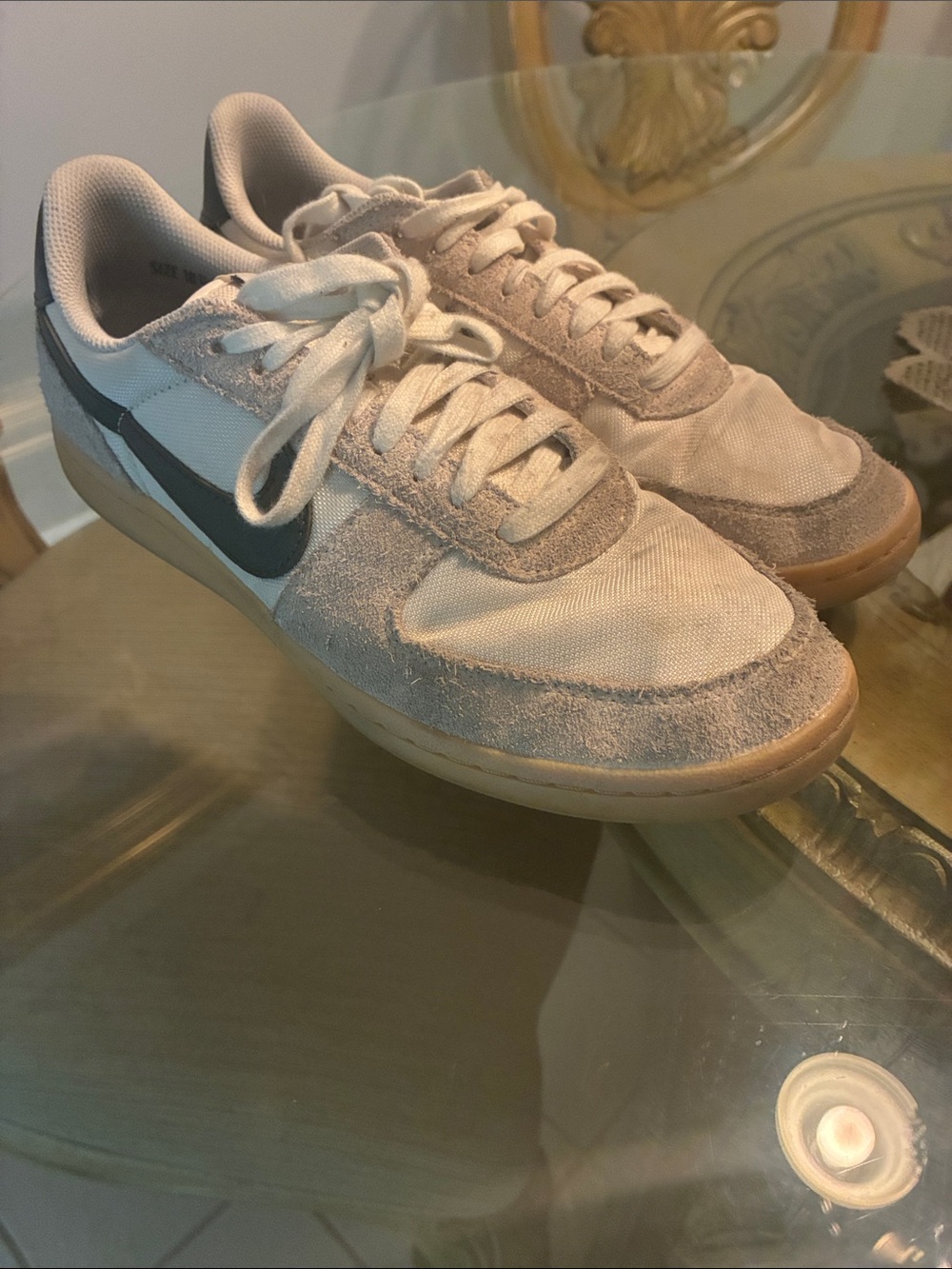 Nike Men’s Light Beige Suede & Canvas Sneakers with dark green Swoosh